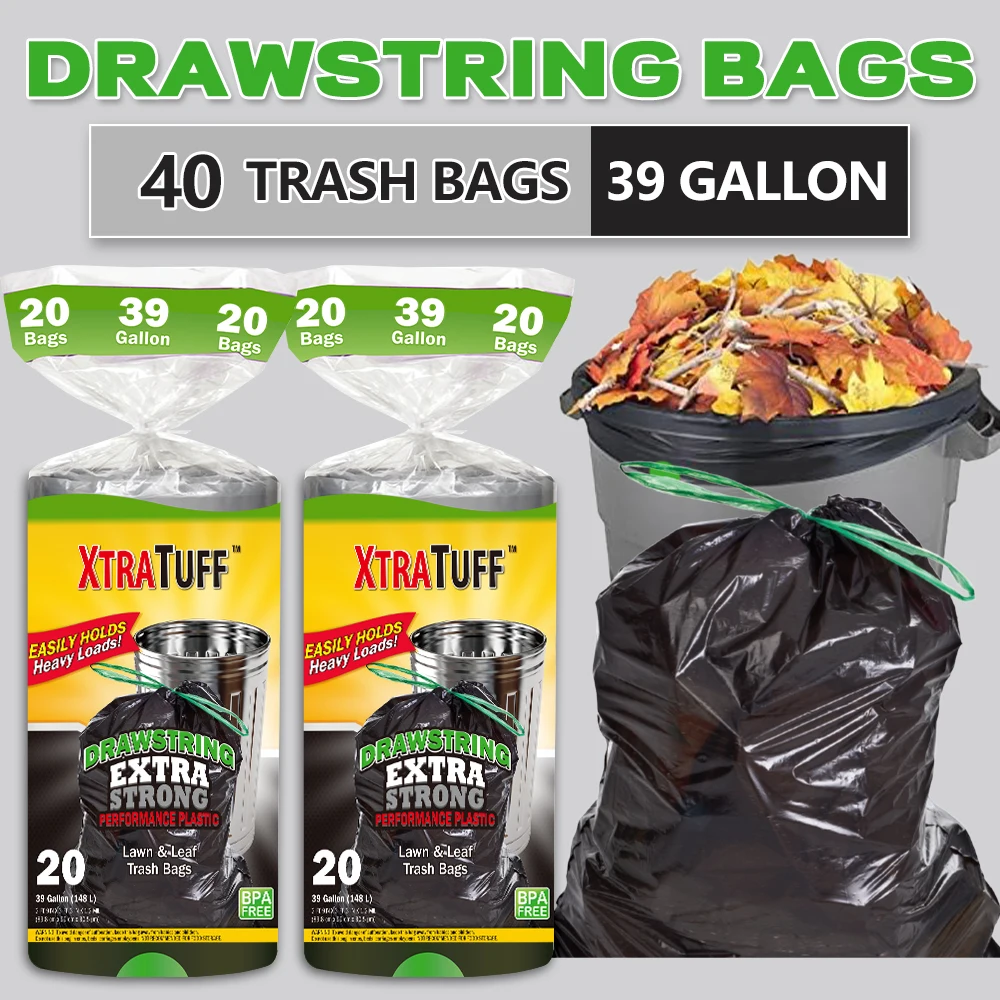 Xtratuff Large Drawstring Trash Bags for Lawn Leaf 39 Gallon Black Garbage Bags 40 Count BPA FREE Trash Bag Strong Rubbish Bag