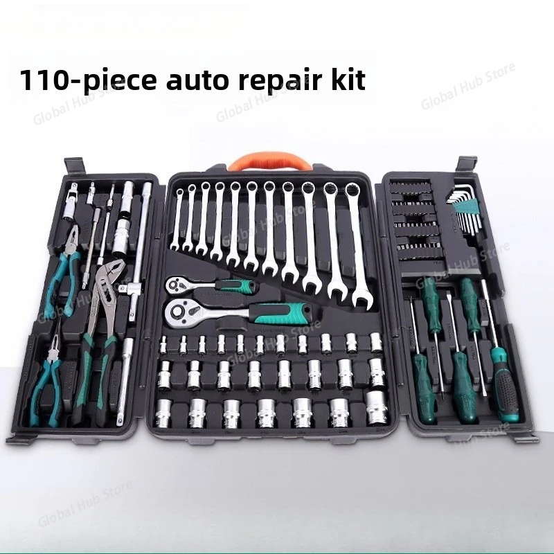 110-piece Automotive Repair Tool Set Including Combination Wrenches, Ratchet Wrenches, Wire Pliers, and Socket Wrenches