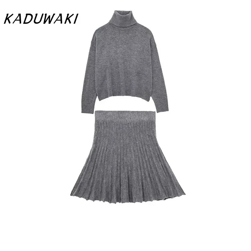 

KADUWAKI Retro Fashion Women's High Neck Vintage Loose Knitted Suit Casual Lady Cropped Sweater Long Sleeve Pullovers Chic Skirt
