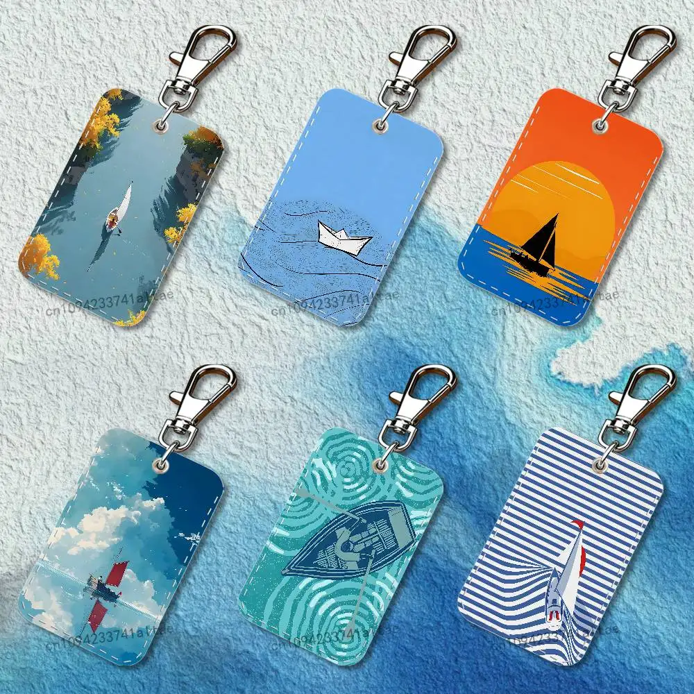 

Sailing Boat Rectangle Card Case Leather Card Holder Keychain Key Ring Transportation Card Case