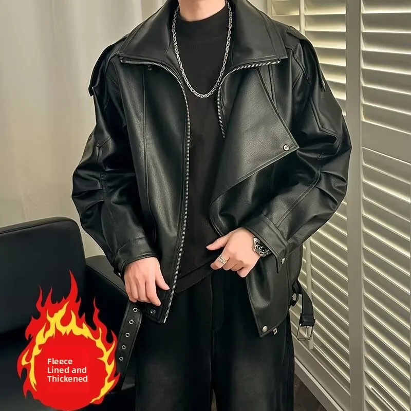

Men's PU Leather Jaet Thiened Fce Motorcycle Sle Autumn Winter Riding American Sle Leather Coat Trendy Long Sve