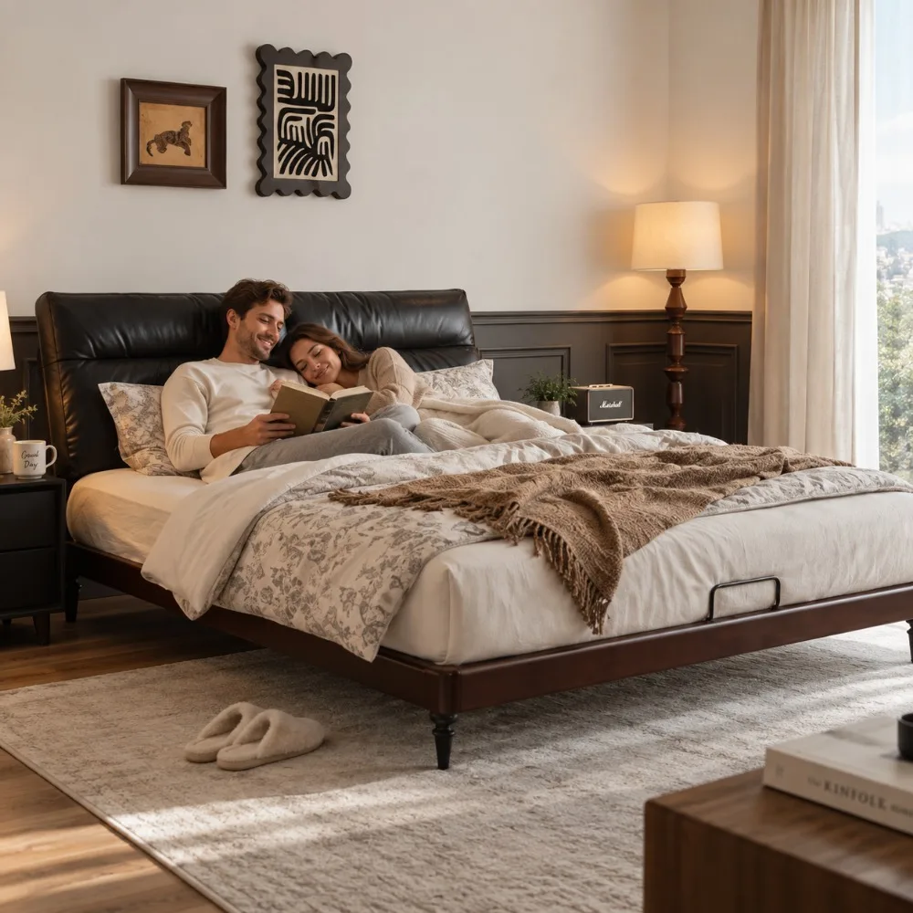Mid‑Century Cloud Upholstered Bed,Black Genuine Leather Double Bed,Solid Beech Wood Frame,Minimalist Master Bedroom Platform Bed