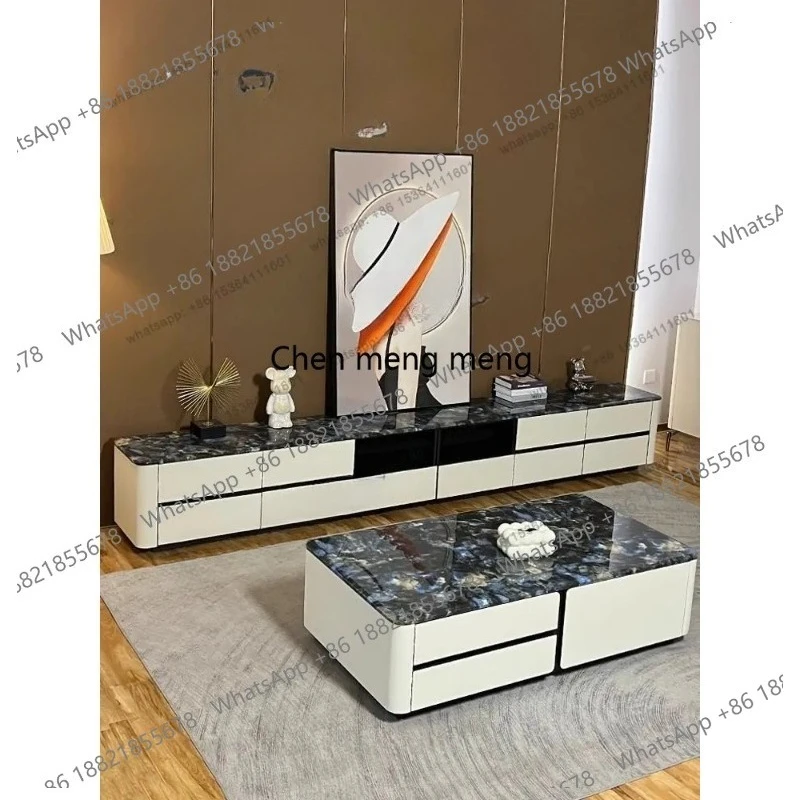 Italian light luxury super long marble TV cabinet household living room floor saddle leather TV cabinet