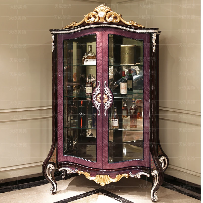 European double door solid wood custom wine cabinet villa living room purple luxury palace wine cabinet