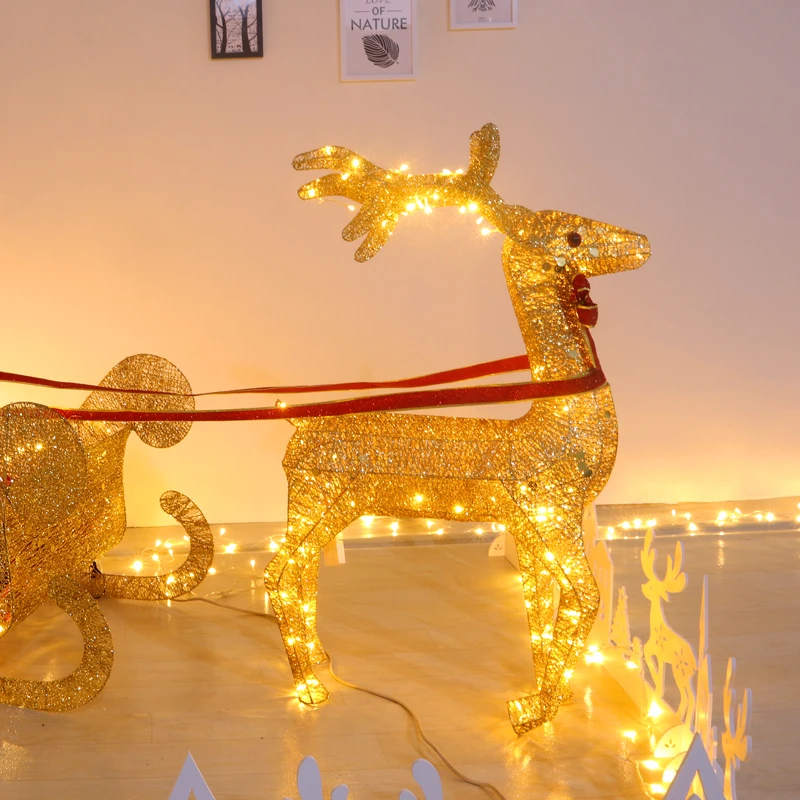 Christmas Deer Pulling Car Luminous Wrought Iron Deer Pulling Sleigh Car Christmas Large-scale Scene Ornaments Decoration Props