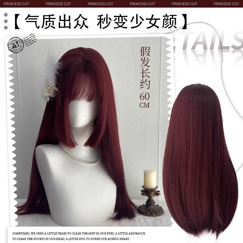 Wine Red Long Straight Wig - Japanese Style Princess Cut, Brightening Cosplay Hairpiece  New Full Head Synthetic Wig for Women