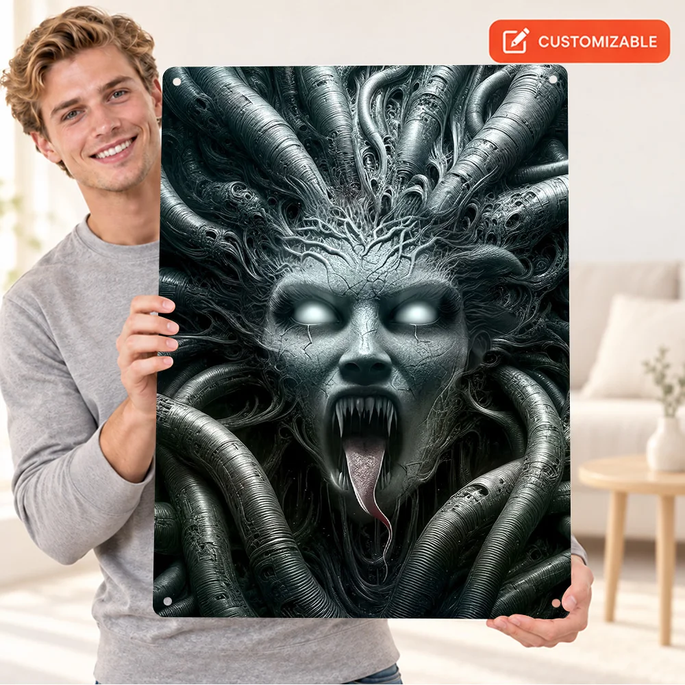 Medusa Mythology Textured Metal Poster Bold Contemporary Illustration Home Office Wall Art Personalized Aluminum Sign Fan Gift