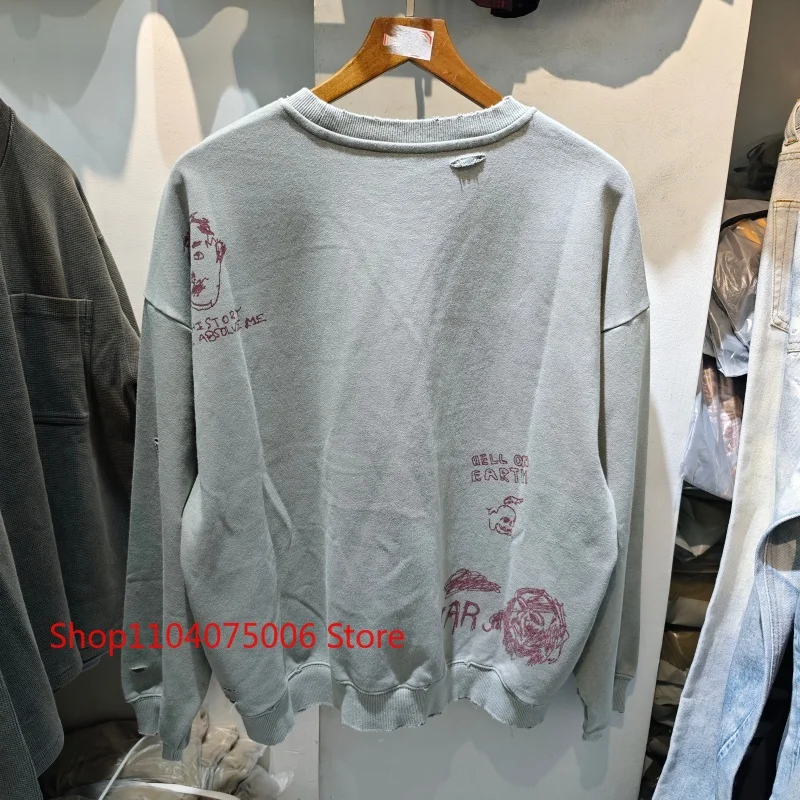Streetwear Vintage Hooded Sweatshirt Men Distressed Round Neck Pullover Artistic Graffiti Character Printed Casual Top