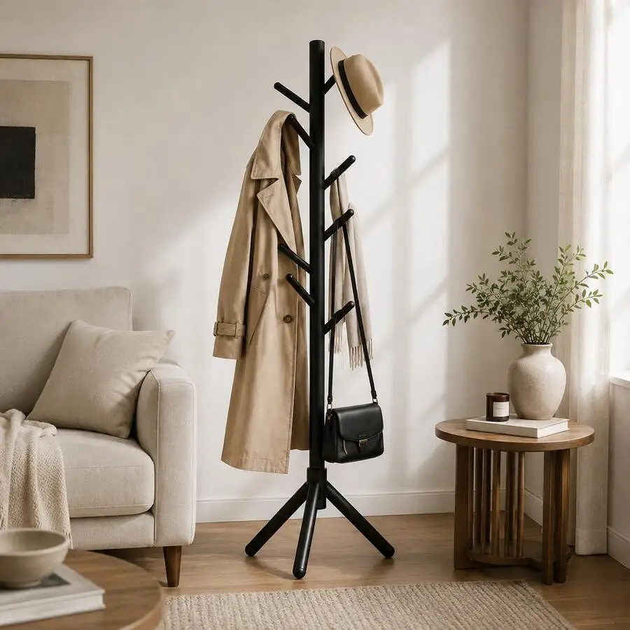 Solid Wood Coat Rack, Freestanding 8-Hook Tree Hanger Stand With Stable Tripod Base, Space-Saving Clothes, Hat, Bag & Scarf Orga