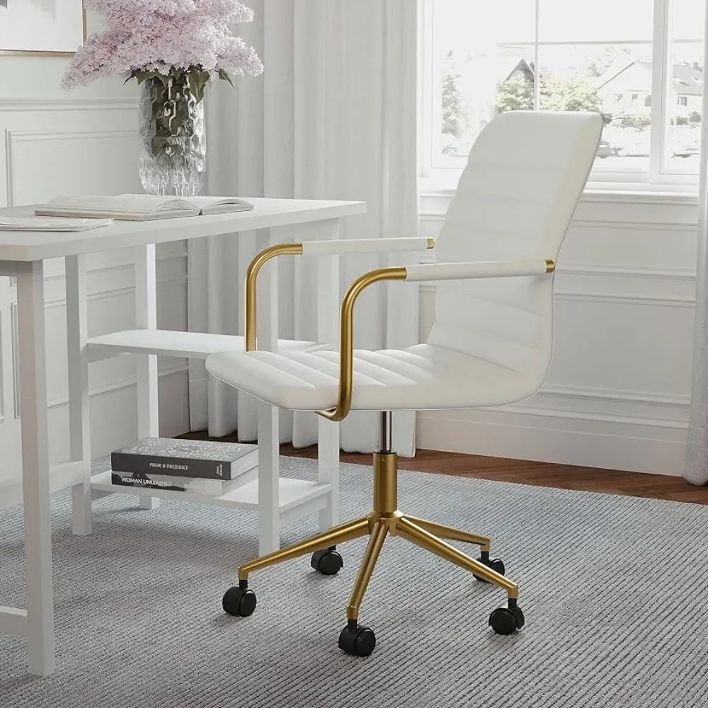 Office chair with swivel armrests, suitable for home office, white faux leather, polished brass frame Office Chairs