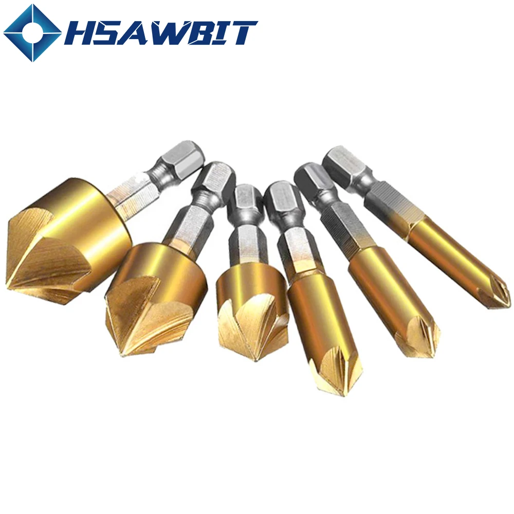 6mm-19mm 6Pcs Five-blade Chamfer Drill Bit Set 1/4 Inch Hex Shank HSS Titanium 5 Flute Countersink Wood Hand Tools Chamfering