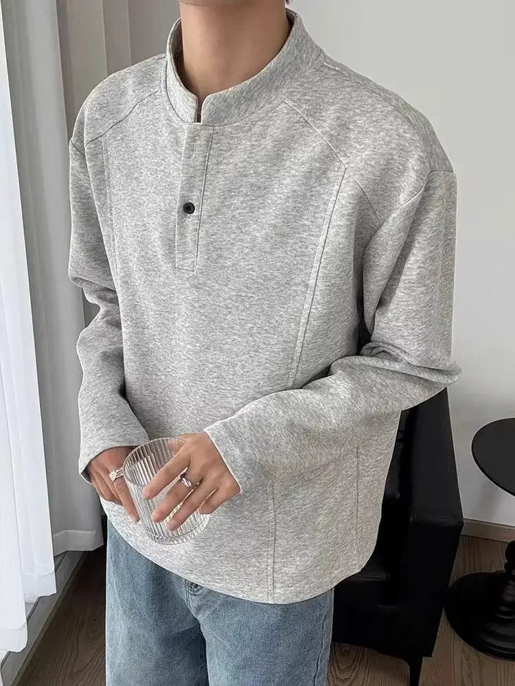 American-style Long-sleeved T-shirt Men's Autumn Short Wide Stand-up Collar Sweatshirt Base Shirt Trendy Brand JJ756