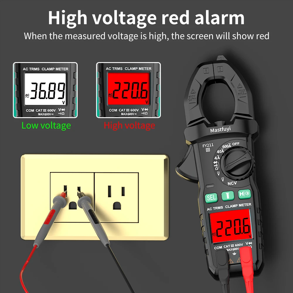 MASTFUYI FY211 Digital Clamp Meter 4000 Counts AC/DC Voltage Resistance Diode NCV Detection Multimeter Backlight Flashlight