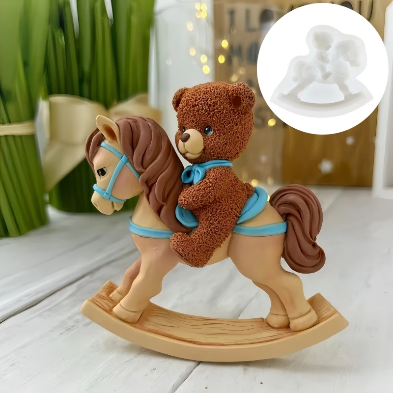Bear Riding Horse Candle Silicone Mold Cute Bear Riding Horses Swinging Horse Shape Resin Mould Bear Riding Horse Gypsum Molds
