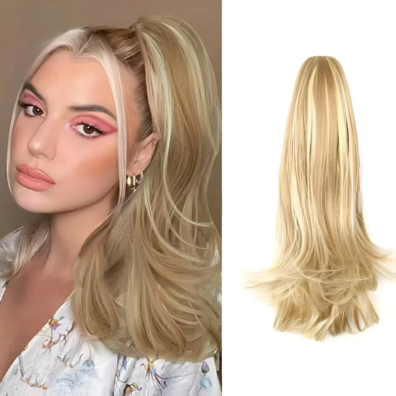 

Ponytail Hair Extension Claw Clip in Ponytails Hairpiece 16" Synthetic Fake Wavy 1B Blonde Hair False Pigtail With Elastic Band