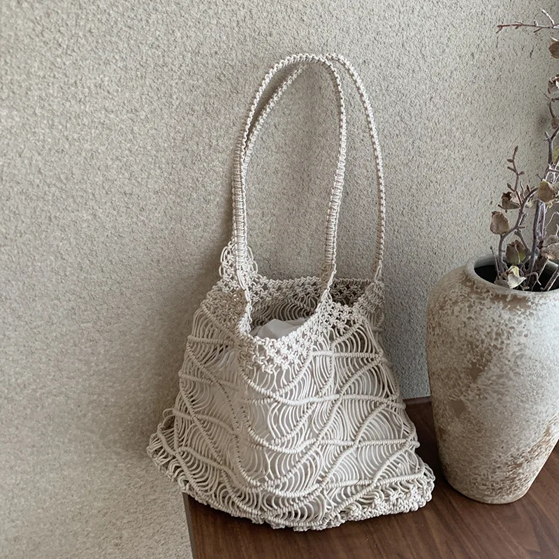 Vintage Hollow One Shoulder Cotton Woven Bag Lazy Wind Portable Fishing Net Bag Seaside Holiday Beach Bag Seaside Holiday Beach