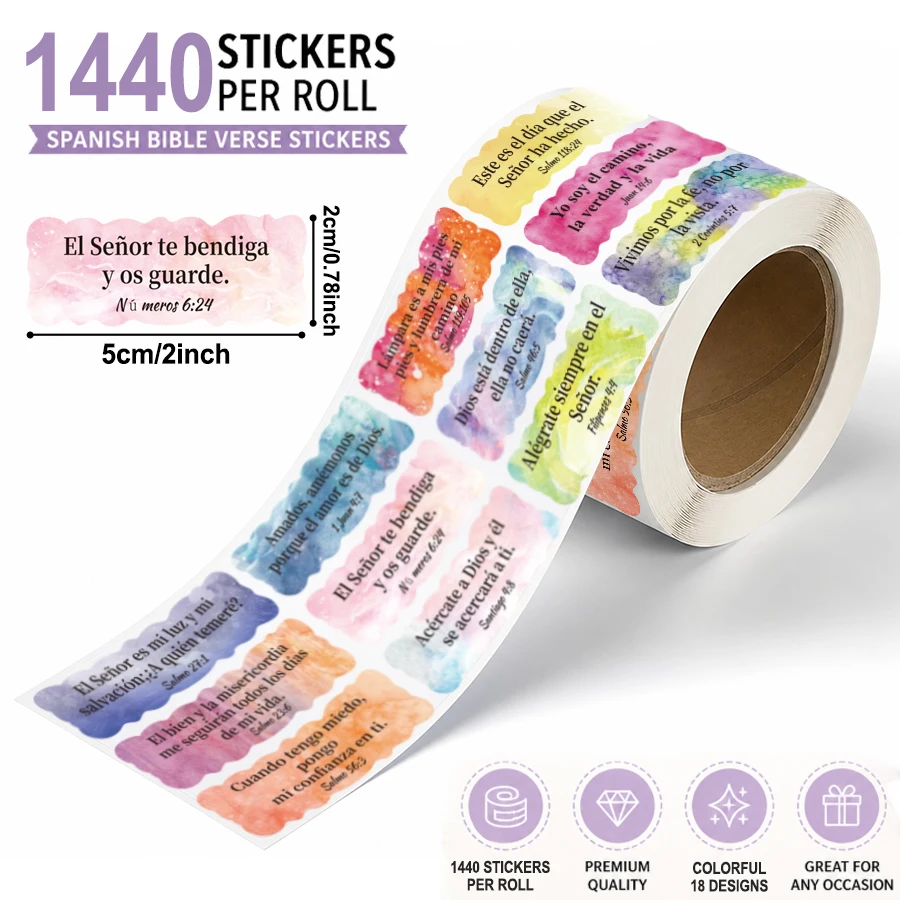 1440 Pcs Spanish Bible Verse Stickers Roll Watercolor Inspirational Scripture Labels Christian Faith Stickers