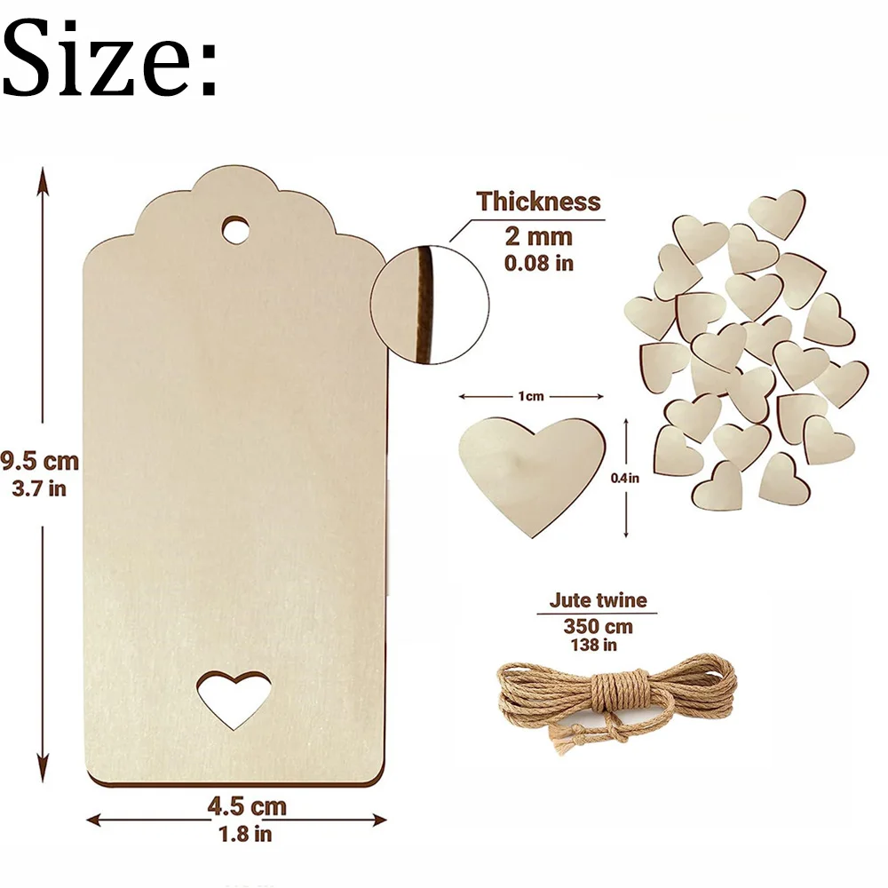 24/48pcs Unfinished Blank Wooden Tag Natural Rectangle Pendant with Heart DIY Crafts Bookmark for Wedding Party Decoration Gift