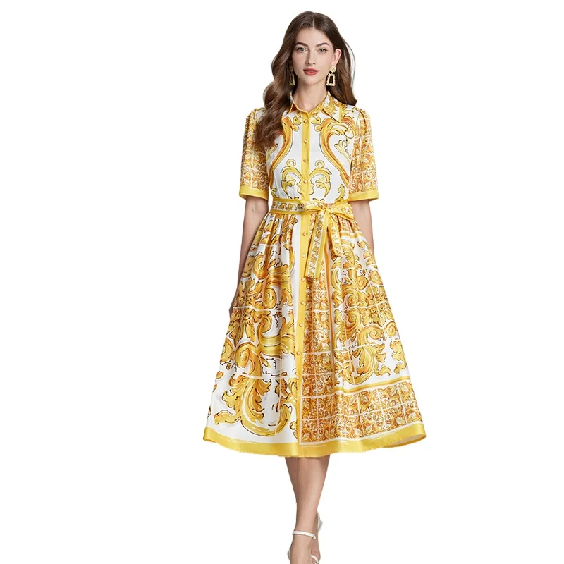 TRAF Summer Holiday Yellow and White Porcelain Print Dress Women's Turn Down Collar  Buttons Lace- Up Belt Midi Party Vestido