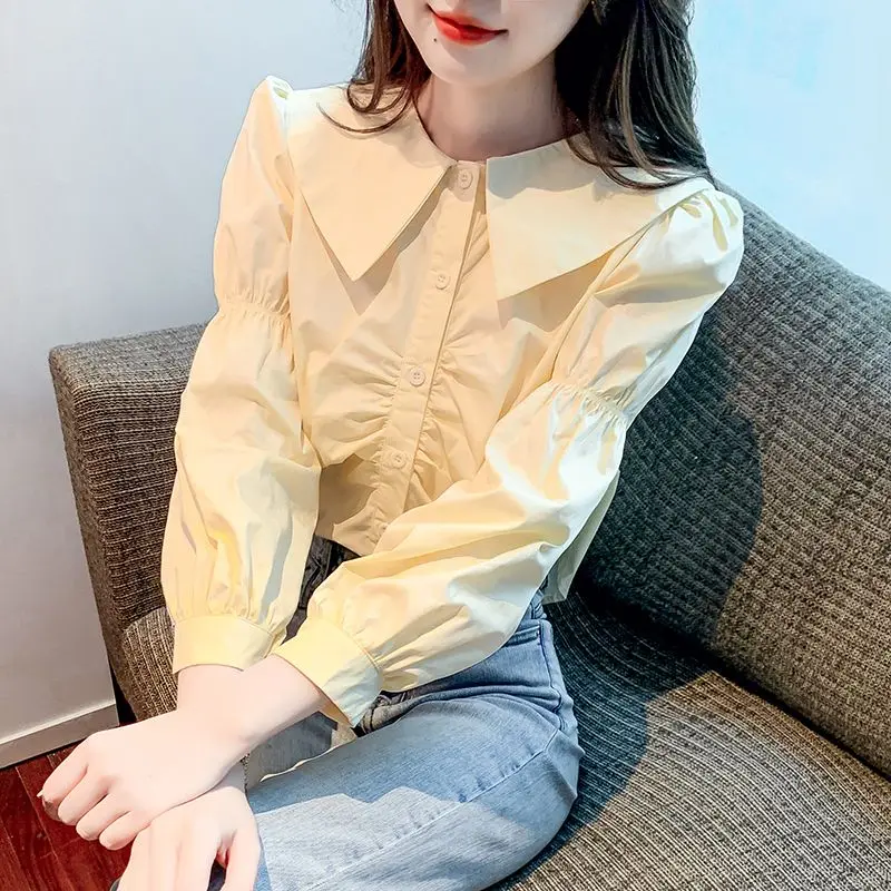 

All-match Peter Pan Collar Solid Color Button Lantern Long Sleeve Shirring Women's Clothing Casual T-shirt Spring Autumn Tops