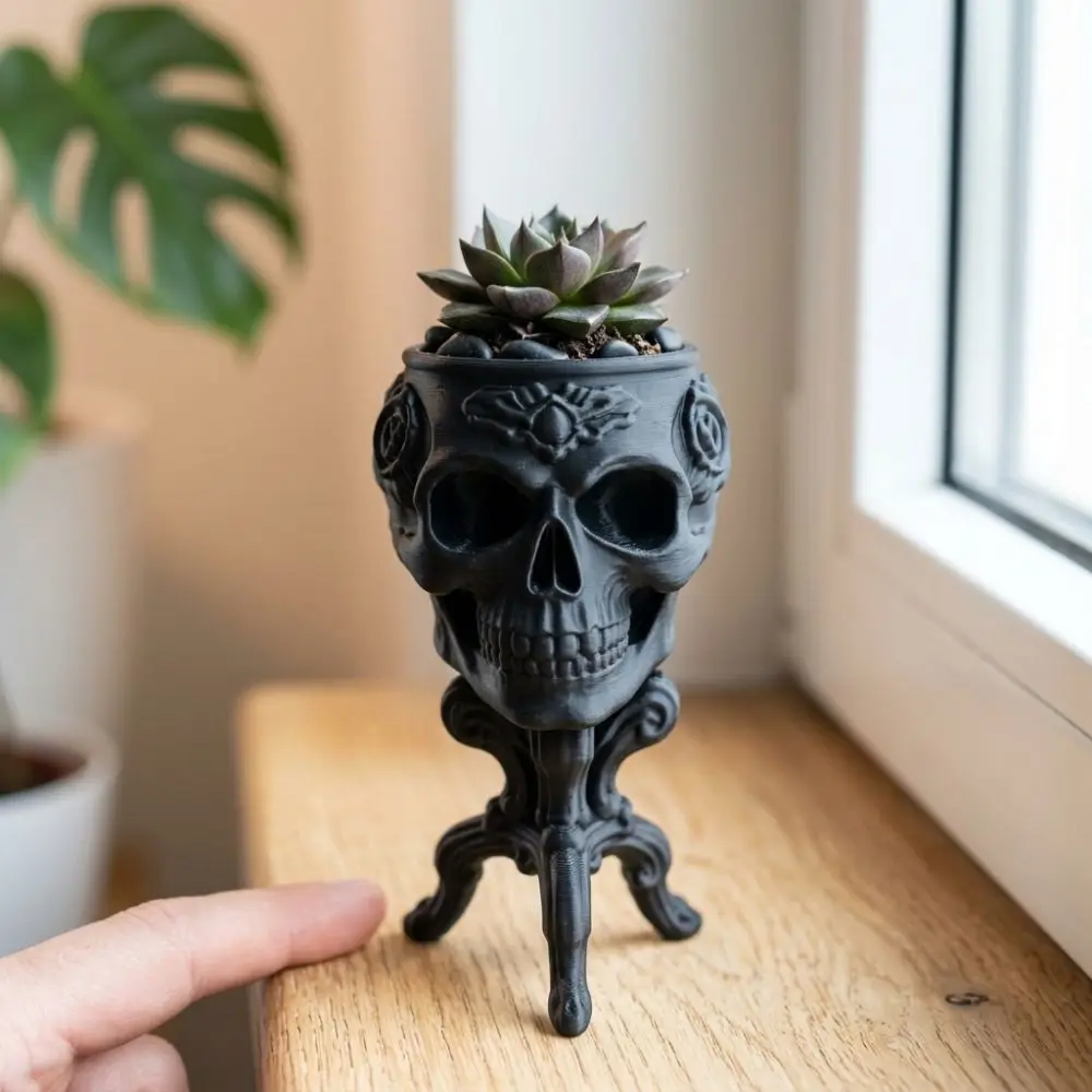 3D Printed Halloween Goblet Skull Planter Spooky Dark Vintage Carved Mini Skeleton Flower Pot Rose Patterns Integrated