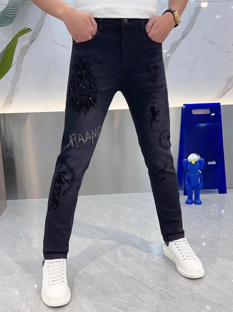 

Heavy Du Embroidered Fce Lined Slim Fit Jeans Men's Autumn Winter Faion Trendy Small Straight Foot Pants