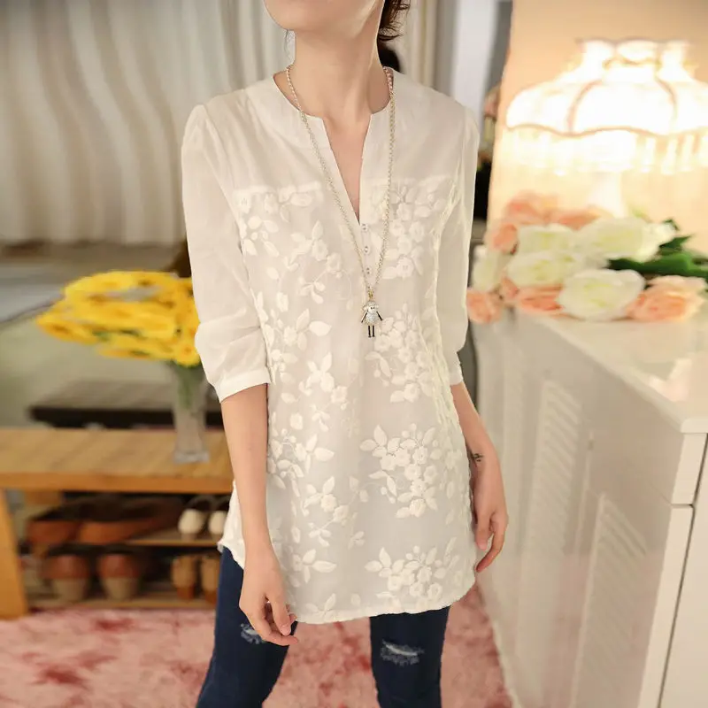 Casual Stylish Floral Embroidery Midi Blouse Summer Loose Half Sleeve All-match Female Hollow Out Elegant V-Neck Button Shirt