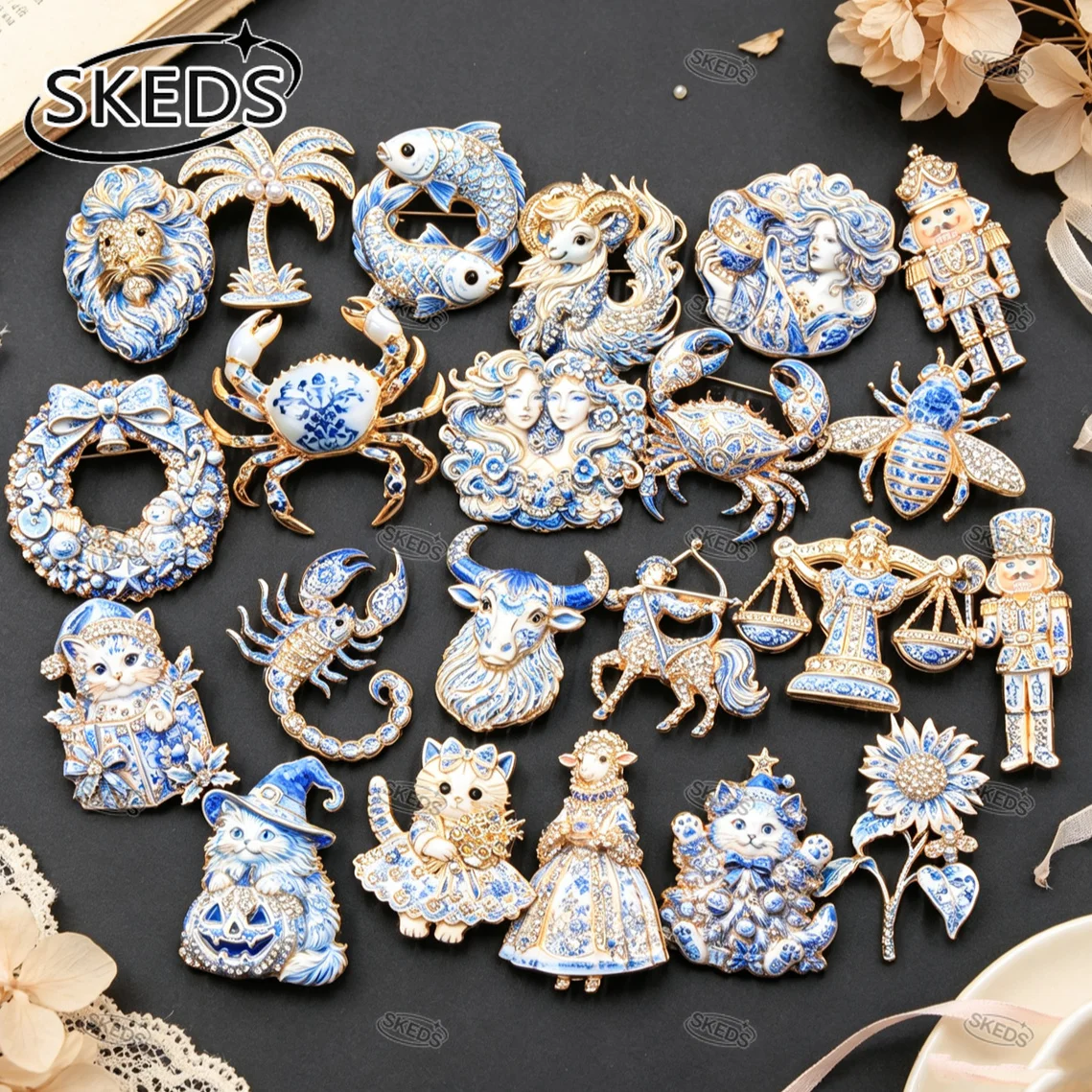 SKEDS Blue and White Porcelain Style Enamel Constellation Brooch Retro Rhinestone Animal Character Lapel Pin Elegant Jewelry