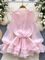 SINGREINY 3D Floral Beach Short Dress Female Long Sleeves Lace Up Ruffle Chiffon Cake Sundress Sheer Sexy Vintage Bohemian Dress - Image 5