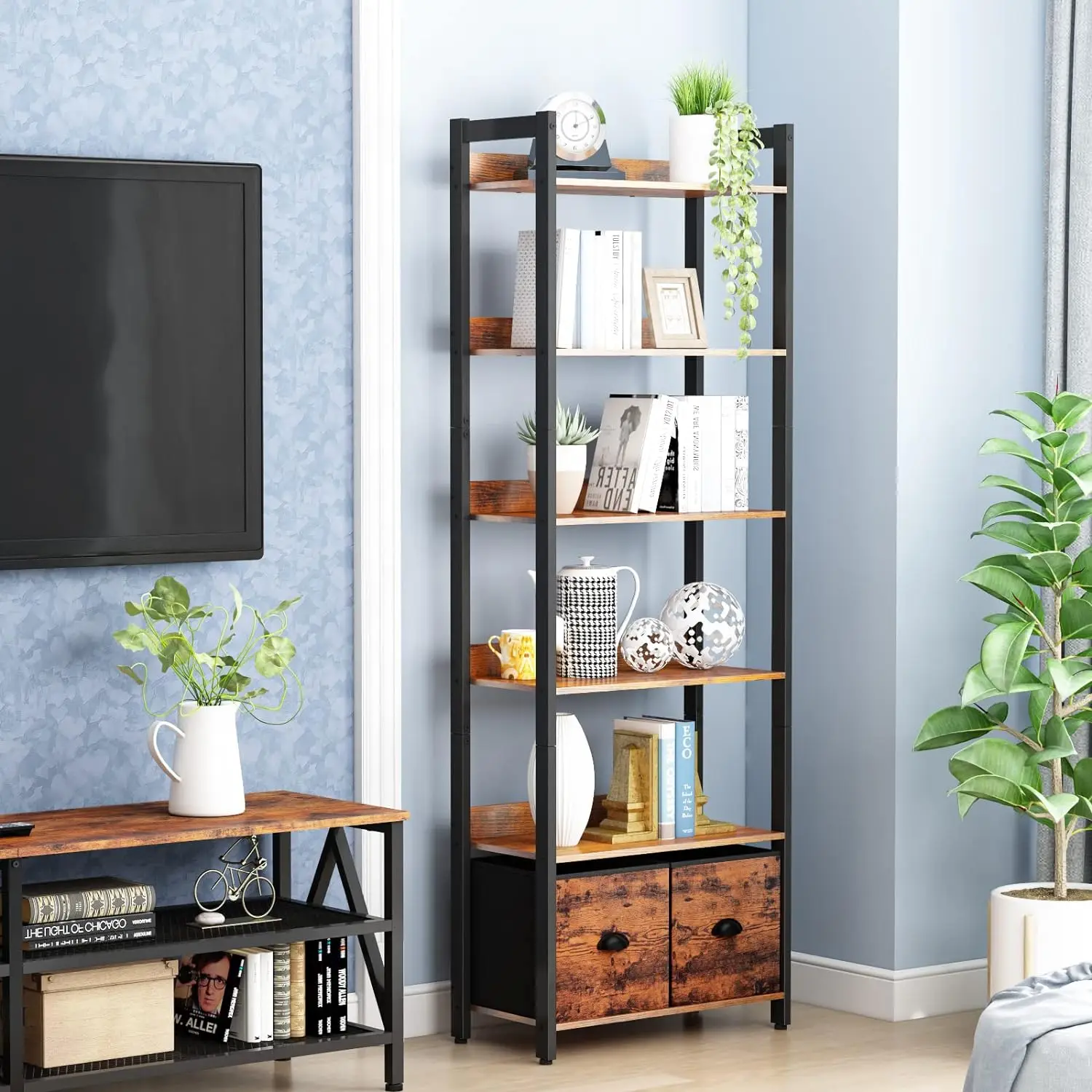 

6-Tier Bookshelf, Tall 71" Rustic Bookcase with 2 Drawers Storage Organizer, Industrial Display Free Standing Shelf Un