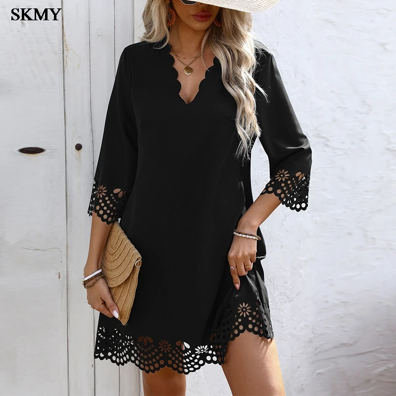 SKMY 2025 ฤดูใบไม้ผลิใหม่สีทึบแขนยาวชุด Cutout หลวม Fit วันหยุดชุดลําลองอเนกประสงค์ผู้หญิงชุด