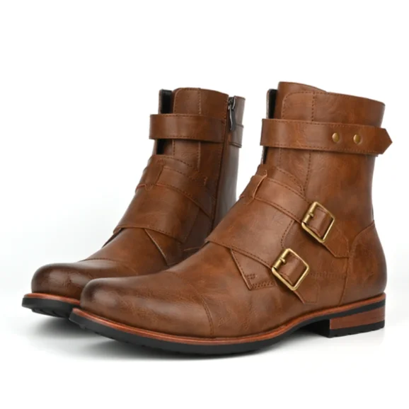 

Men Boots With Buckles High Top Footwears American Style Middle Boots