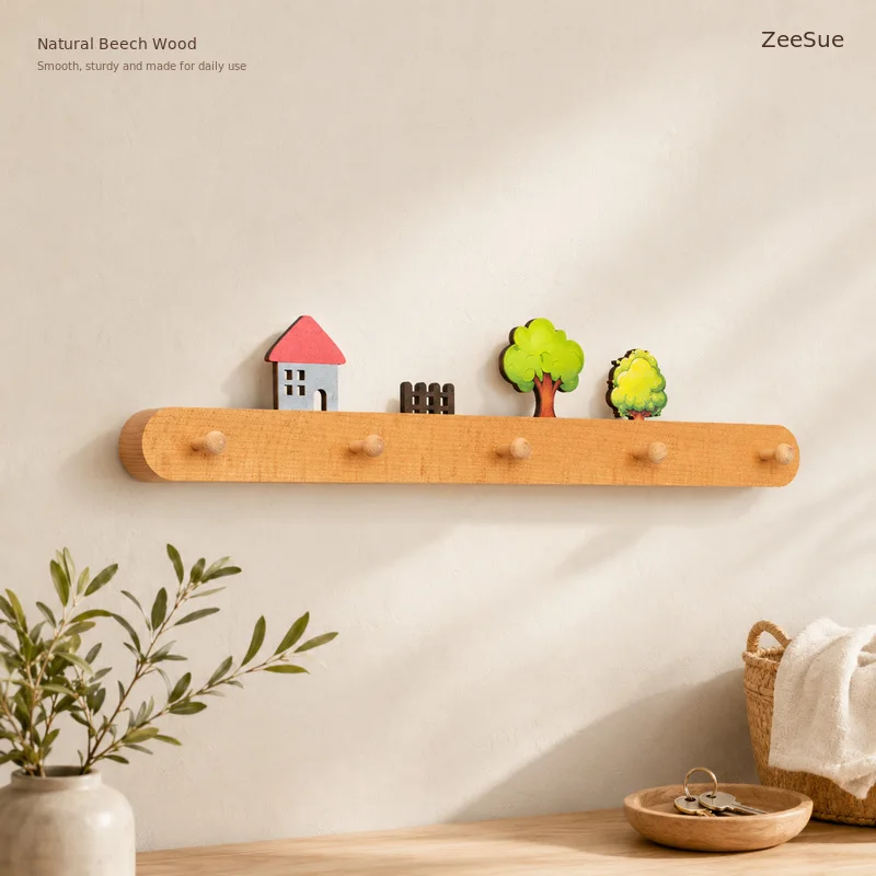 Natural Beech Wood Wall Hook Rail with House and Tree Decor, Entryway Organizer for Keys, Bags, Coats and Umbrellas