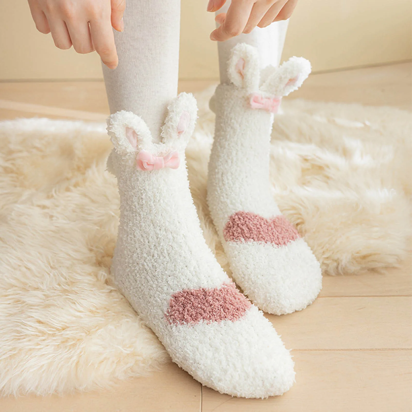 Cute Bunny Ear Coral Fleece Fuzzy Socks Women Socks 2023 Winter Autumn Rabbit Happy Funny Socks For Girl Warm Winter Female Home