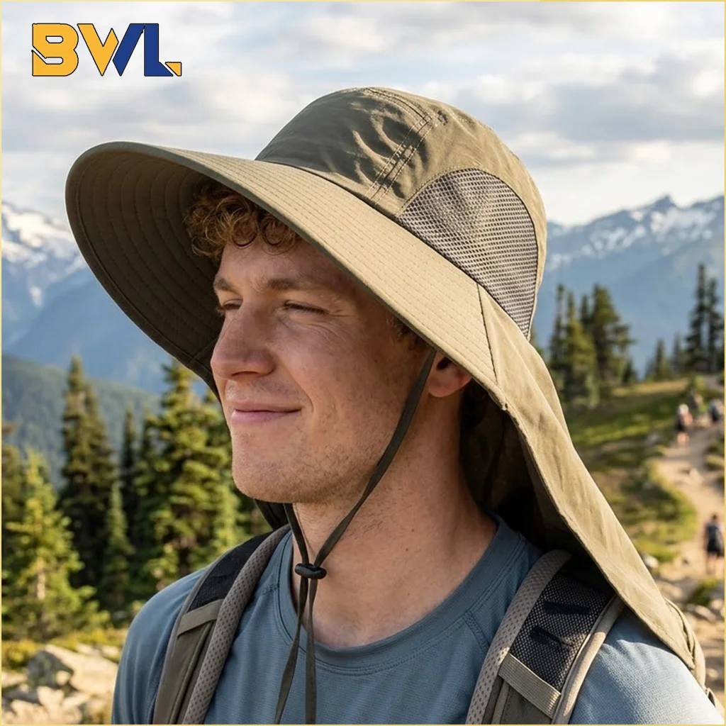 Sommer Outdoor Anglerhut für Herren mit Breiter Krempe UV-Sonnenschutz Kappe mit Nackenschutz Sonnenschirm für Wandern Camping Reisen