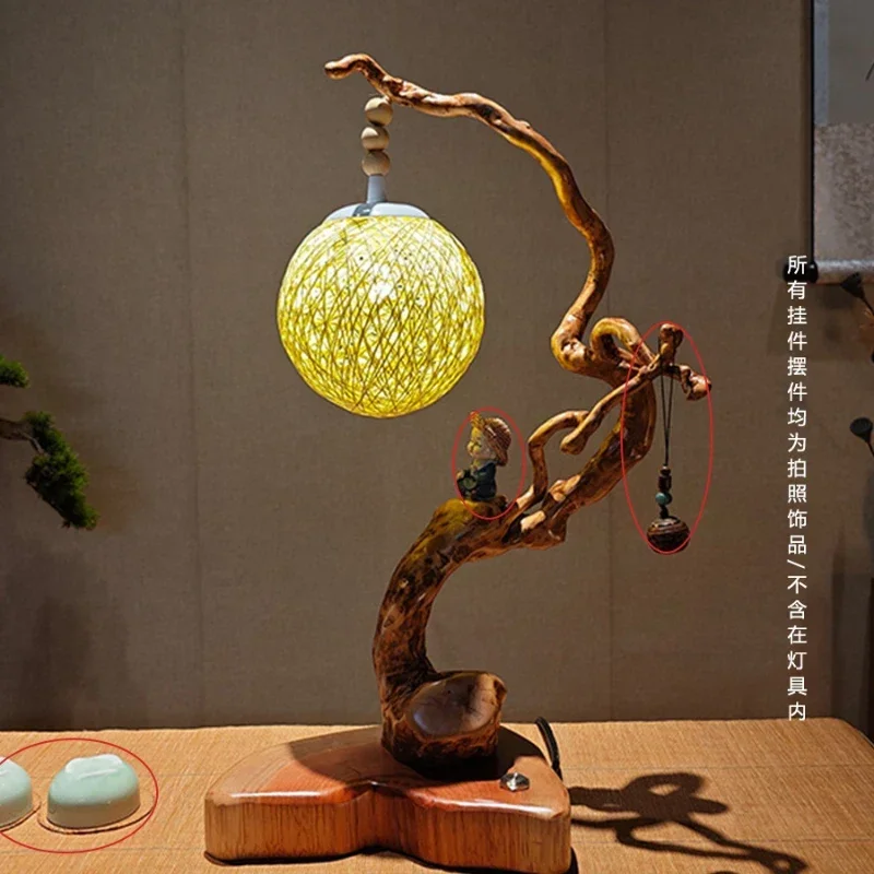 New Chinese Zen Table Lamp High-Grade Feeling Silent Wind Living Room Tea Table Root Carving