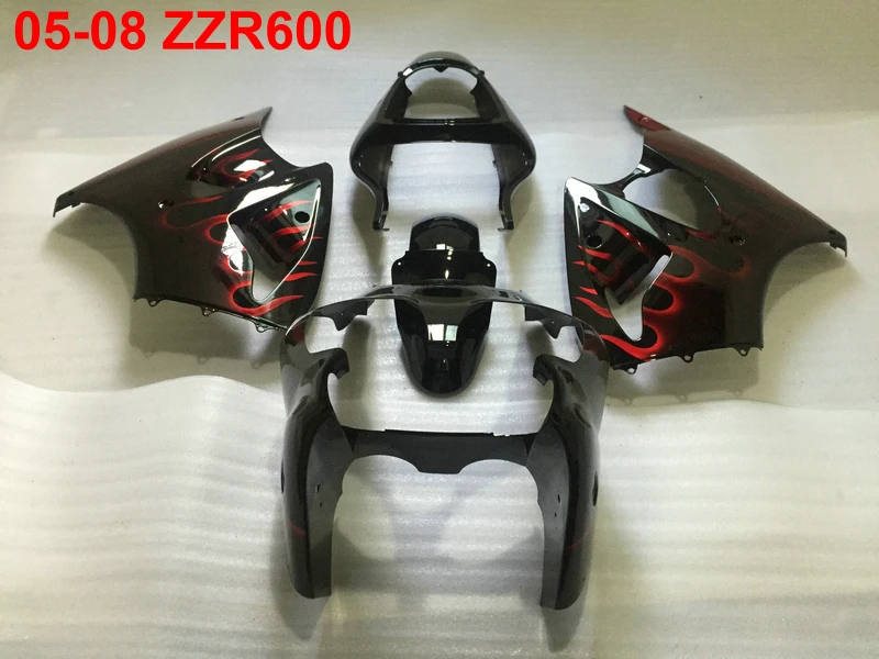 New Injection molded fairing kit for Kawasaki Ninja ZZR600 05-08 red flames black fairings set ZZR600 2005-2008 OT18