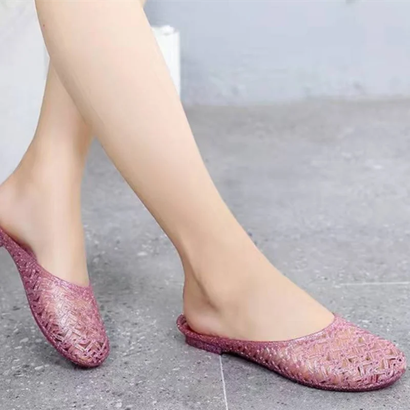 Women Plastic Flats Jelly Crystal Round Toe Slippers Hollow Raining Day Antiskip Slides Wide Fitting Slip-On Gold Red Pinkish 41