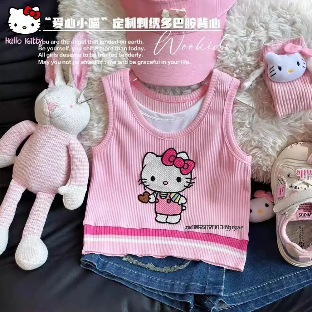

Аниме-костюм для девочек: жилет и короткая джинсовая юбка Hello Kitty, милый мультяшный летний комплект, новая модная подростковая одежда