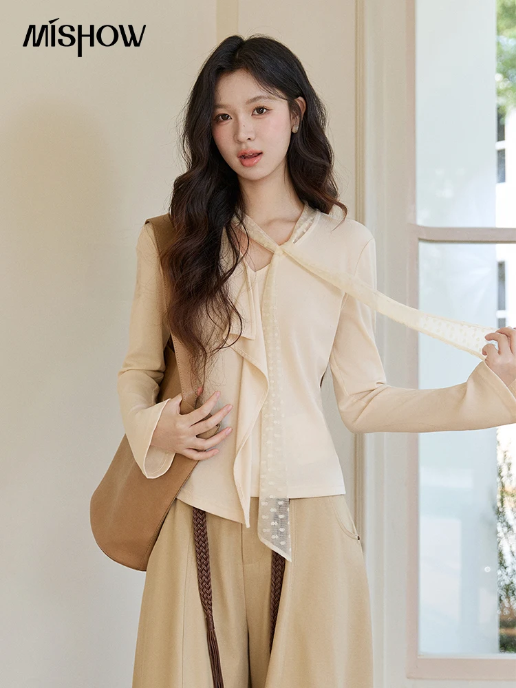 

Женская трикотажная кофта MISHOW с V-образным вырезом, кружевными вставками и длинными рукавами, весенняя, с рюшами, асимметричным подолом и расклешенными рукавами MXF108Z1016