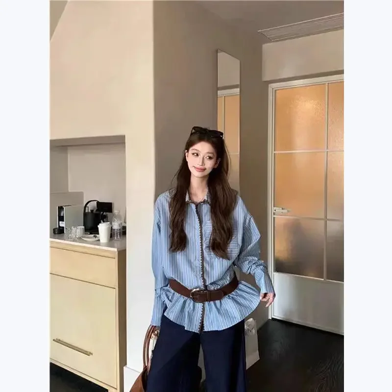 

Long Sleeve Polo Collar Regular Fit Commute Style Blue Women's Shirt Autumn 2025 New High-End Chic Striped Design Fashionable