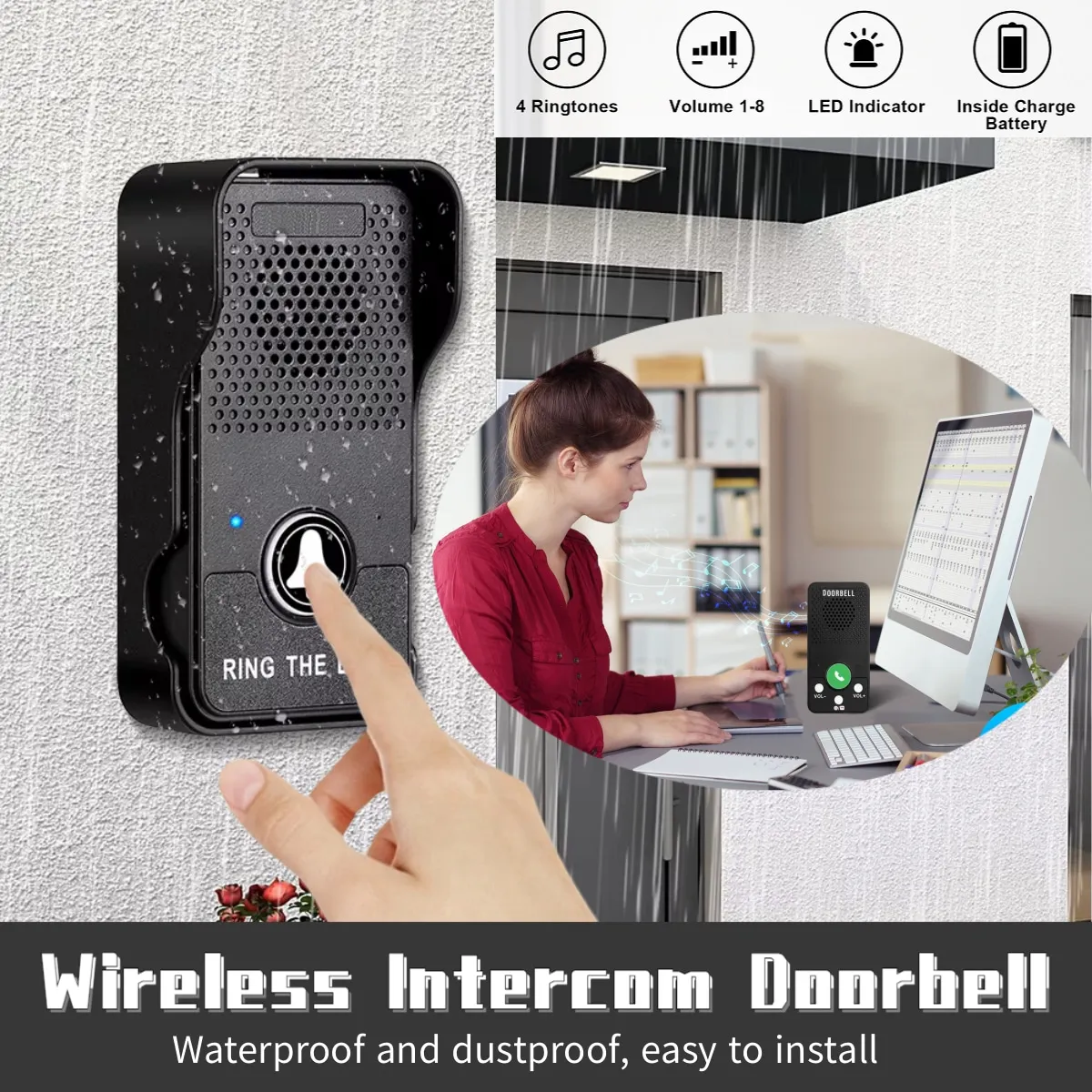 Wireless Doorbell Rechargeable Battery Hands Free Full Duplex Intercom Door Bell Waterproof One Press To Talk for House Office