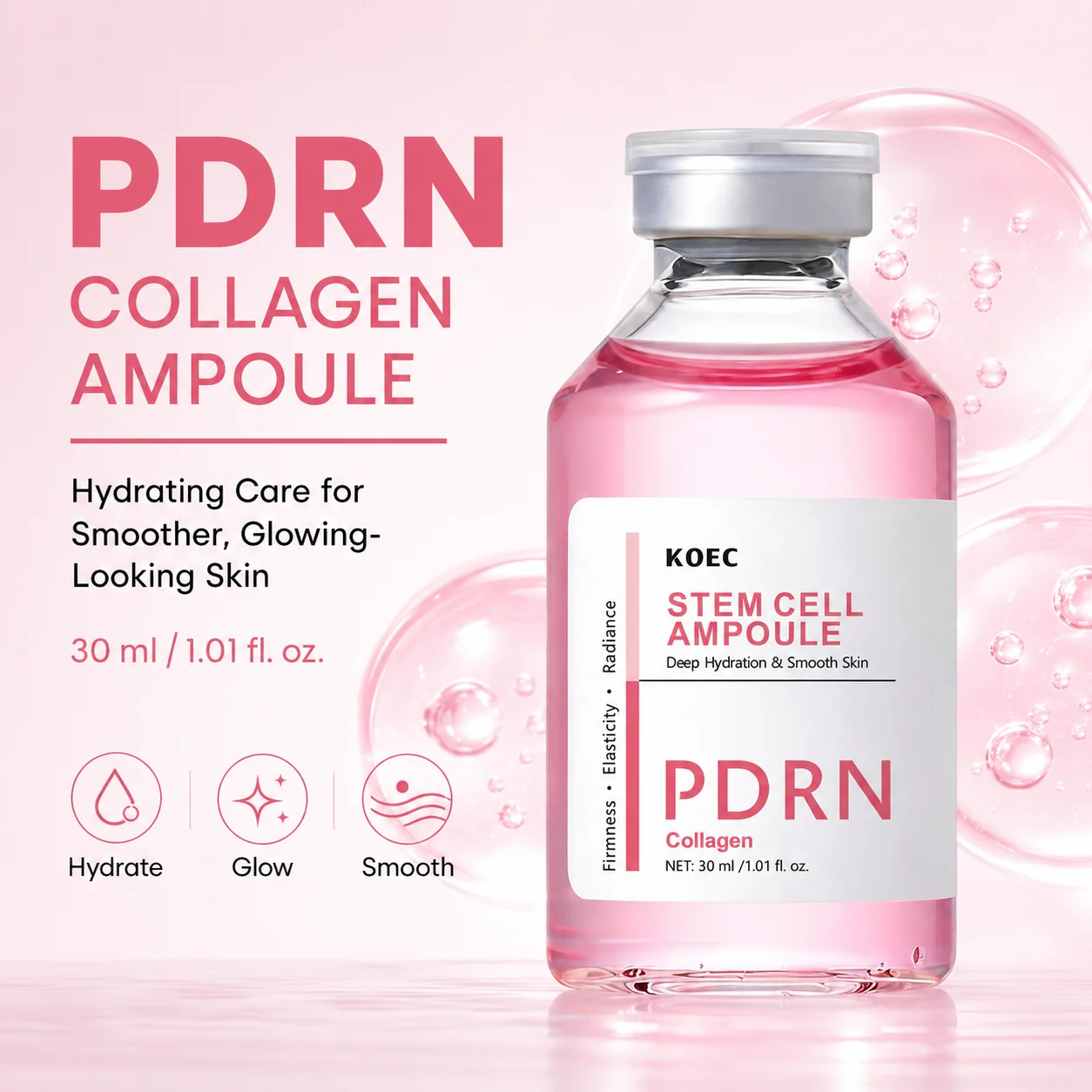 KOEC PDRN Collagen Facial Ampoule - Serum for Face with PDRN, Collagen & Nicotinamide - Serum for Instant Face Lift, Glow, Even Skin Tone & Deep Hydration, Facial Skincare, 30ml/1.01fl.oz