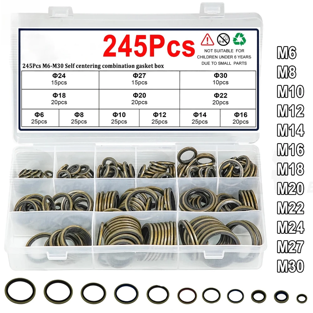 245pcs Military Green Combination Gasket Repair Kit Set  M6 M8 M10 M12 M28 M30 Nitrile Rubber Carbon Steel O-ring Sealing Gasket