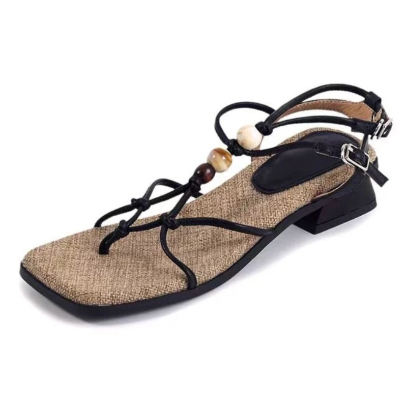 

Fashion Cross Tied Chunky Heel Sandals Women Luxury String Bead Decoration Ankle Buckle Slide Sandals Sexy Clip Toe Beach Sandal