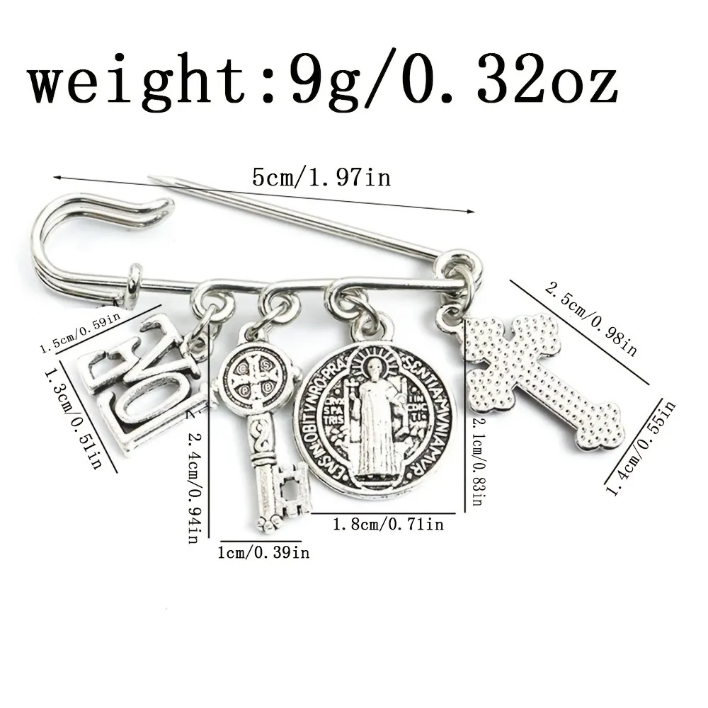 Religious Safety Pin Brooch with St Benedict Medal Enamel Cross LOVE Key Charms, Baptism First Communion Gift Lapel Pin