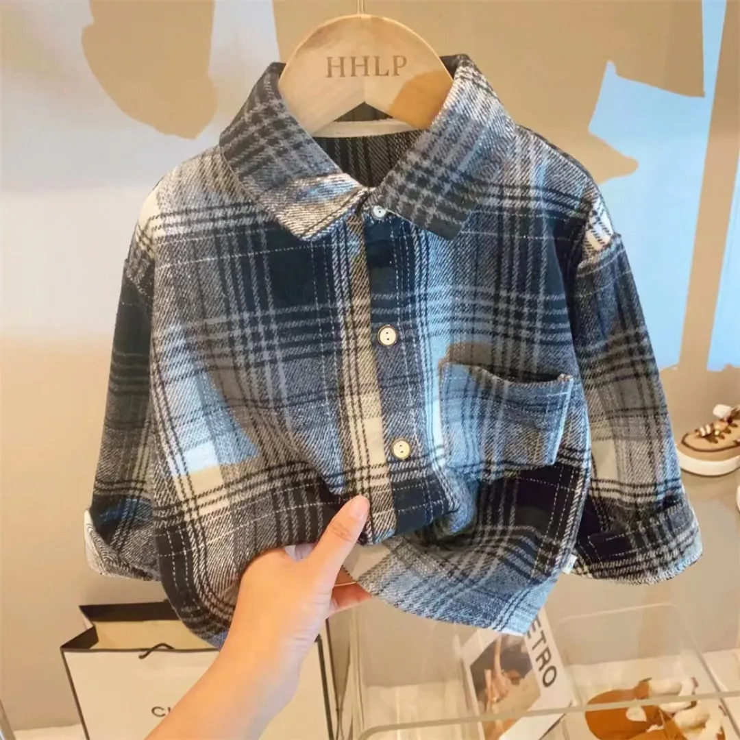 Children's shirts  new autumn retro Korean version of boys and girls lapel shirts, foreign-style children's clothing