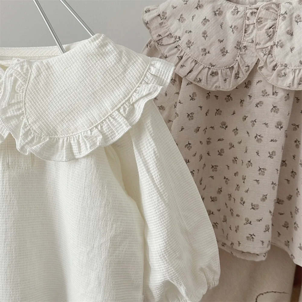 LILIGIRL Autumn Baby Girl Long Sleeve Tee Shirts Girls Floral Blouses Large Lapel Collar Tops Infant Bottoming Cotton Clothes
