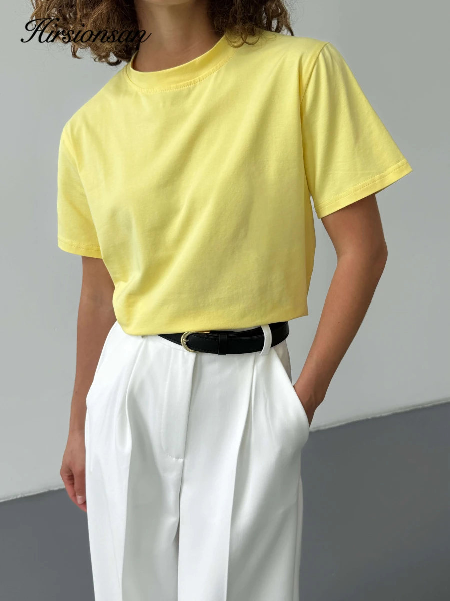 Hirsionsan Basic Cotton T Shirt Women 2026 Summer New Loose Solid Tees 19 Color Casual Loose Tshirt Oversized O Neck Female Tops
