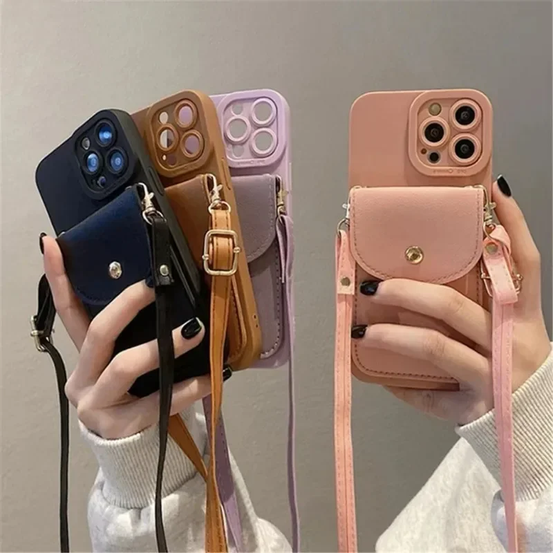 Wallet Leather Crossbody Neckband Lanyard Phone Case for iPhone 14 11 15 13 Pro Max X XS XR 7 8 Plus SE Luxury Card Holder Cover